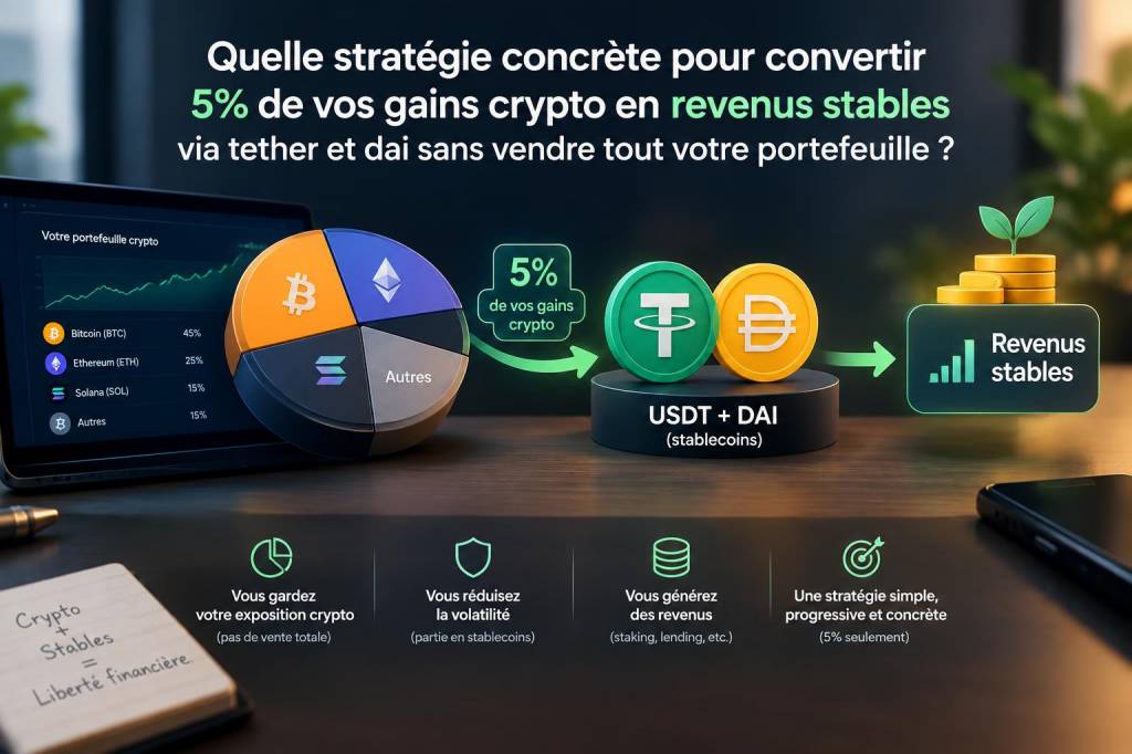 Quelle stratégie concrète pour convertir 5% de vos gains crypto en revenus stables via tether et dai sans vendre tout votre portefeuille
